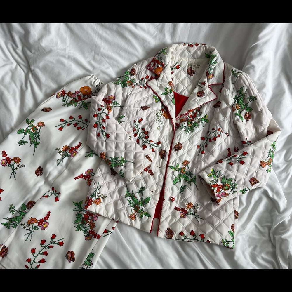 Vintage Christian Dior 1970’s polyester 2 piece set skirt jacket size 14 quilted